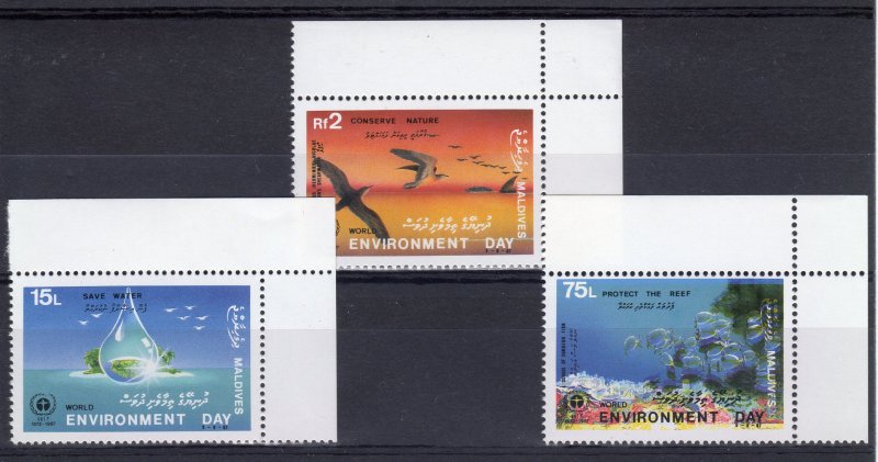 Maldives 1988 MNH World Environment Day 1987 3v Set Birds Fish Coral Reef Stamps