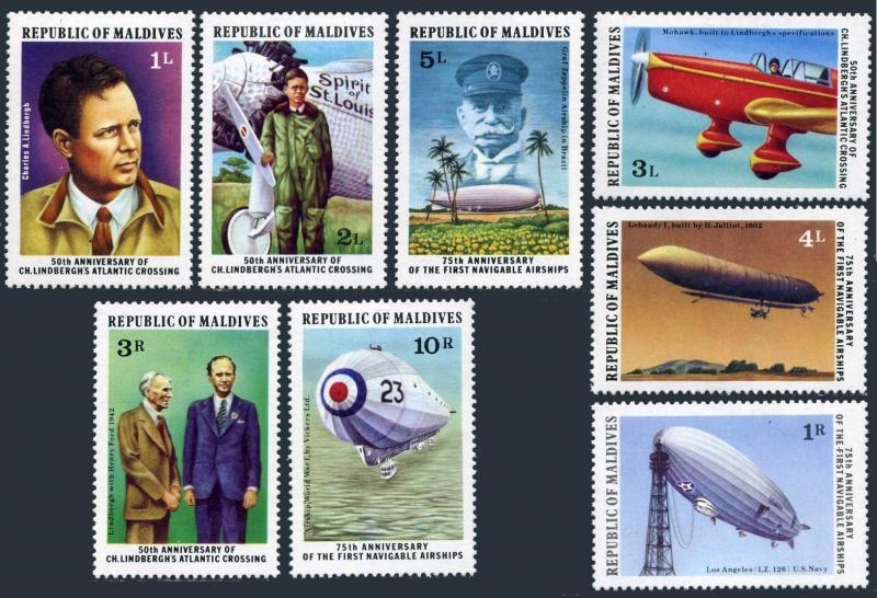 Maldives 701-708,709,MNH.Michel 721-729,Bl.47. Charles Lindbergh.Battleship.1977