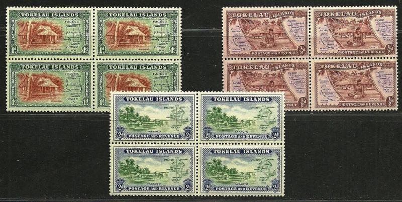 TOKELAU ISLANDS  1948 Very Fine Mint Hinged  Blocks of 4 Stamps Scott#  1-3