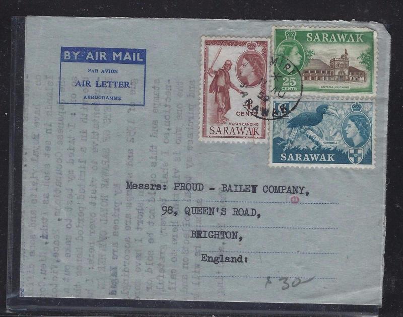   SARAWAK POSTAL HISTORY (PP1509B) 1959 QEII 4C+6C+25C AEROGRAMME MIRI TO UK