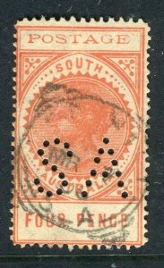 SOUTH AUSTRALIA; Early 1900s QV Stamp Duty ' SA ' Perfin Official 4d. + Postmark