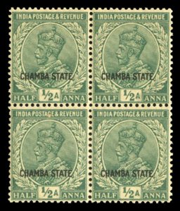 Indian States - Chamba #60, 1932 1/2a green, block of four, never hinged