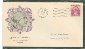 US 784 1936 3c Susan B. Anthony/Women's suffrage (single) on an addressed first day cover with an Ioor cachet.