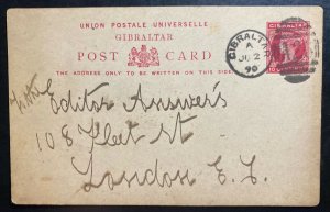 1890 Gibraltar Postal Stationery postcard Cover To London England