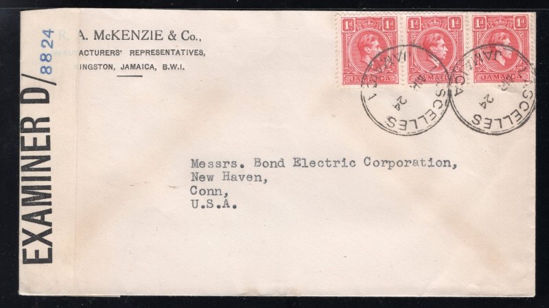 Jamaica WWII-era Censored Cover Lascelles to CT franked 3x1p carmine George VI