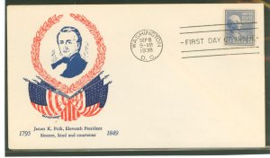 US 816 1938 11c James K. Polk (presidential/prexy series) single on an unaddressed first day cover with a Grandy cachet.