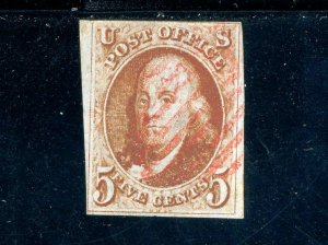 USAstamps Used VF US 1847 Franklin 1st Stamp Sct 1b With Red Cancel