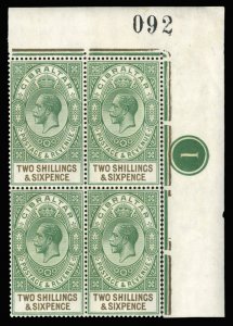 Gibraltar #87 Cat$44+ (as singles), 1921-32 2sh6p green, plate number block o...