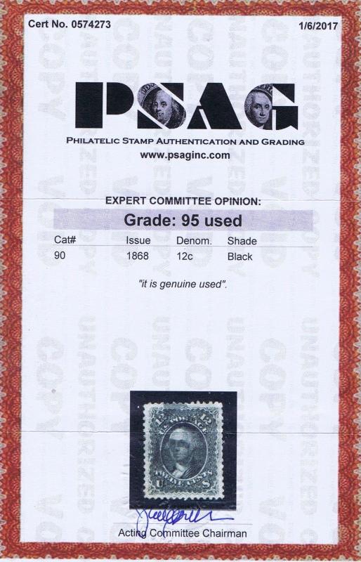 SC# 90 USED 12c WASHINGTON, 1868, CORK CCL, PSAG CERT, GRADED XF SUP 95!  