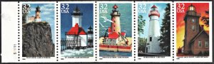 SC#2973a 32¢ Great Lakes Lighthouses Booklet Pane of Five with Tab (1995) MNH