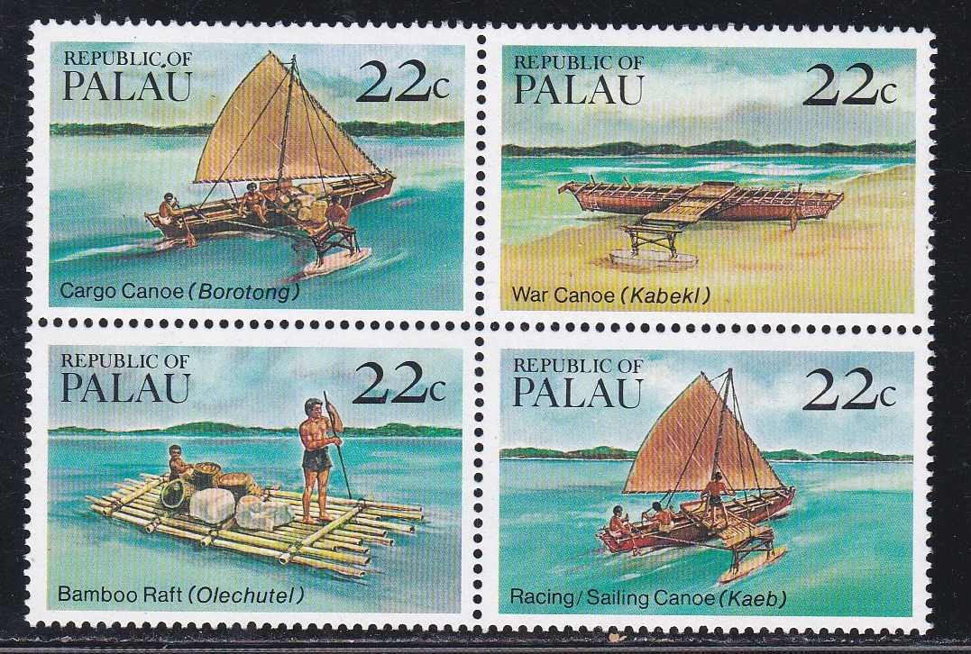 Palau 70a, Canoes & Rafts, Blockof Four Different, NH, 1/2 Cat. Australia & Oceania Palau