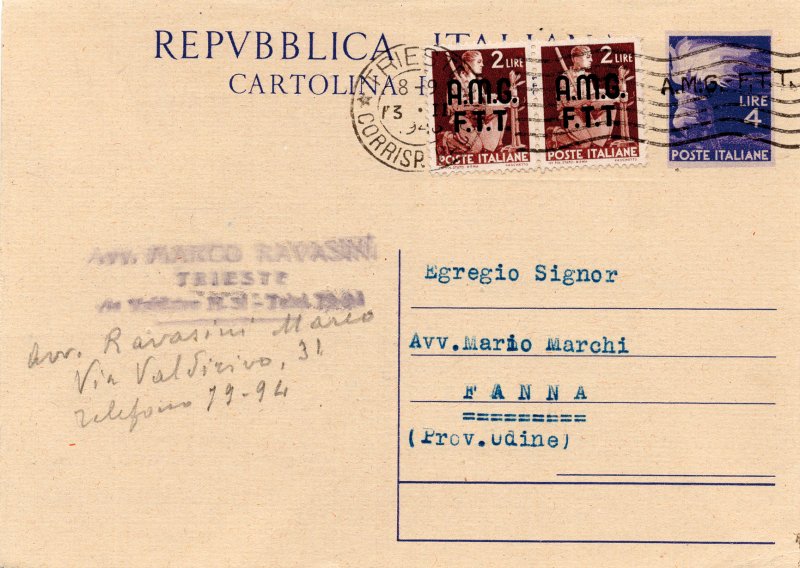 Trieste A - CP Lire 4 Democratica hand overprint type A n. C 1