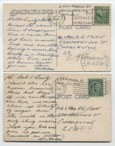 1943 and 1944 Hawaii postcards to SC one censored [y4002]