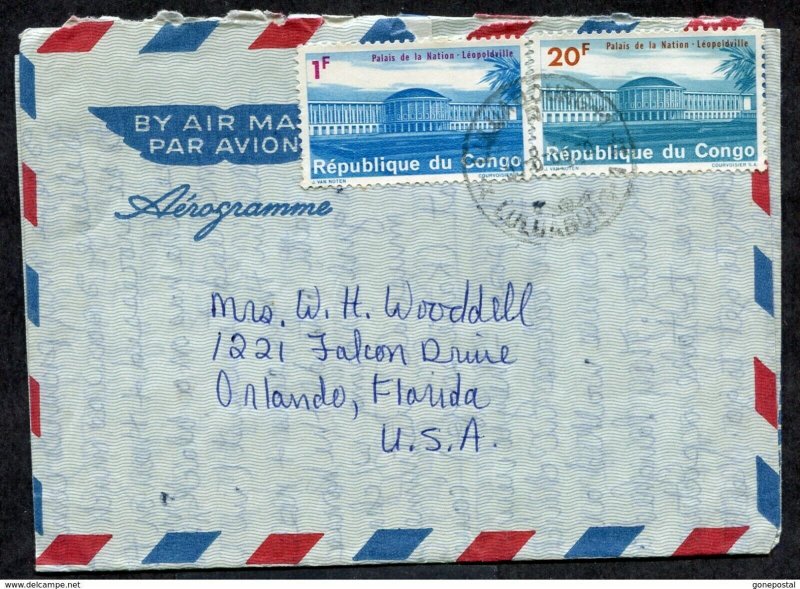 h245 - CONGO 1966 Airmail Cover to USA. Air Letter Aerogramme