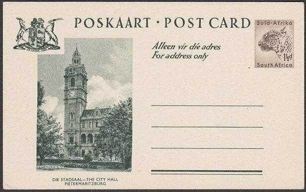 SOUTH AFRICA 1½d Leopard pictorial postcard - City Hall - unused............R464