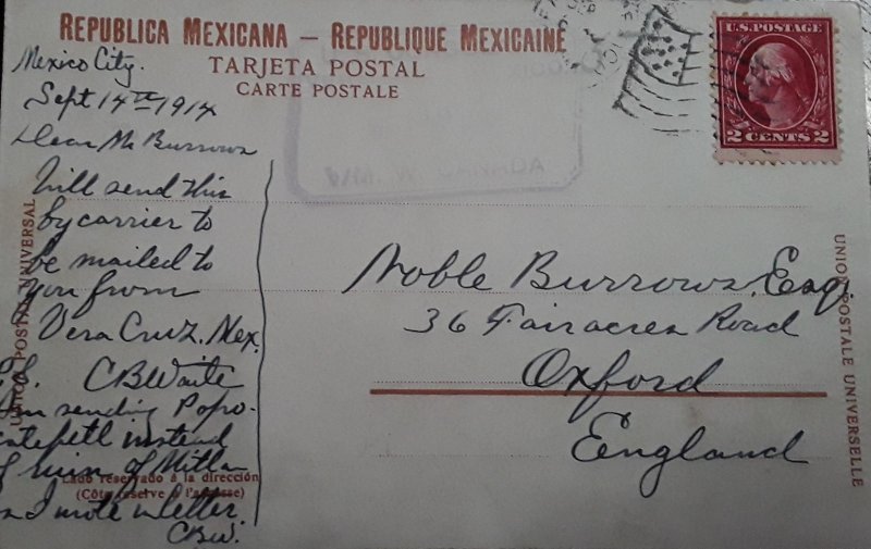 V) 1914 MEXICO, MEXICO CITY PRIVATELY CARRIED TO US, MEXICAN PPC TO ENGLAND, US