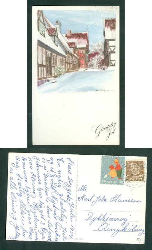 Denmark. Christmas Card 1954. Seal + 20 Ore. Town Old Houses,Winter. Ringkobing