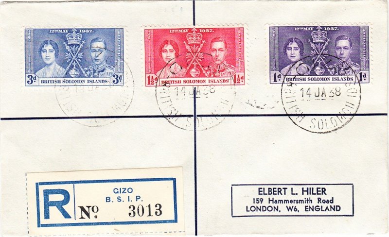 BRITISH SOLOMON ISLANDS # 64-66 registered cover postmarked Gizo, 14 Jan. 1938