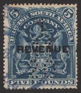 RHODESIA 1907 'REVENUE' on Arms £5 blue..