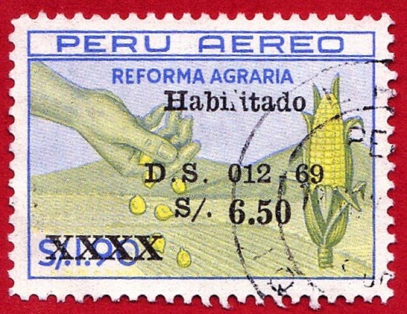 PERU  SCOTT# C232  **USED** 1669 5.50s on 1.90S HAND, CORN & FIELD (SURCHARGE)