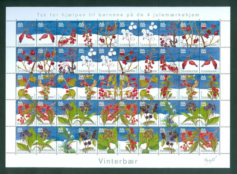 Denmark. 10 Christmas Seal, Sheet 2004 Unfolded. Winter Berries. 2 Side Perfor.