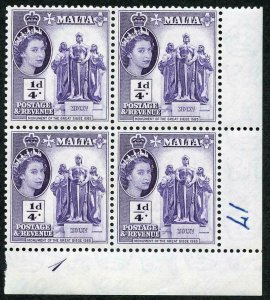 Malta SG266 1/4d Violet Plate 1 U/M Block