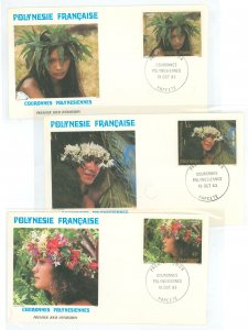 French Polynesia 386-8 1983 Native headdresses (set of three) on three unaddressed cacheted first day covers.