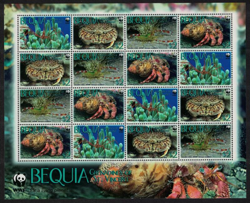 Bequia WWF Caribbean Reef Crustaceans Sheetlet of 4 sets MI#647-650 SALE BELOW