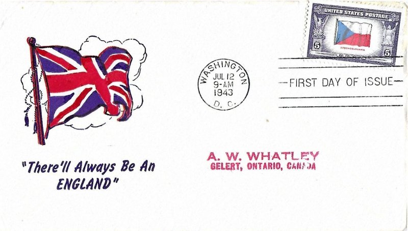 1943 FDC, #910, 5c Overrun Country - Czechoslovakia, patriotic (England)