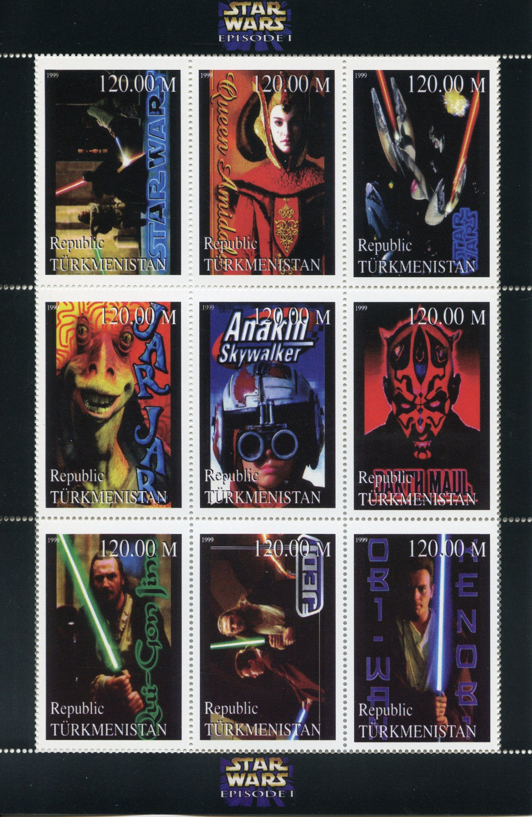Turkmenistan 1999 MNH Star Wars Phantom Menace Anakin Skywalker 9v M/S Stamps 