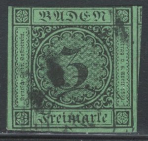 German States - Baden 1853 Value Numeral 3kr Scott # 7 Used