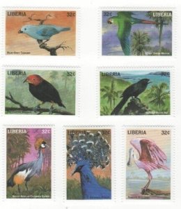 Liberia 1998 - Birds Parrots - Set of 7 Stamps - Scott #1343-9 - MNH