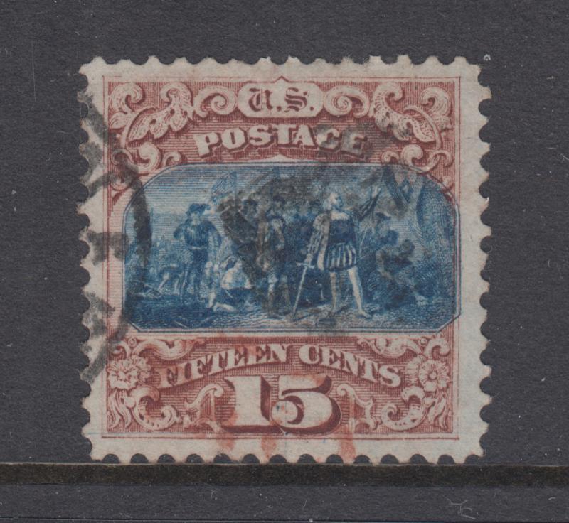 US Sc 118 used 1869 15c Landing of Columbus, black & red Cancels, APEX Cert