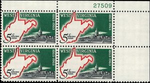 Scott # 1232 1963 5c grn, red & blk  Map of West Virginia
 Plate Block - Uppe...