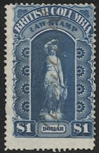 CANADA British Columbia $1 Used Law Stamp Revenue, VD BCL-4