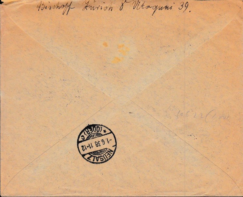 Switzerland 1938 F22 Airmail X10 on large Registered Cover to Neusalz (Poland)