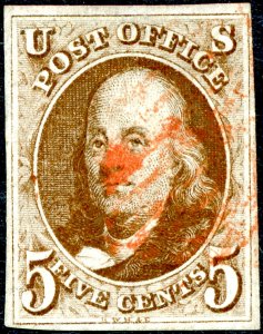 US 1 – 1847 5c Benjamin Franklin. Used Light Cancel VF 4 Margins.