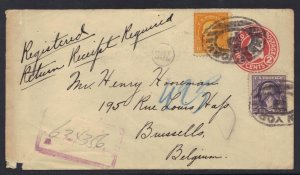 U.S. 1919 REGISTERED UPRATED POSTAL COVER N.Y. TO BRUSSELS BELGIUM