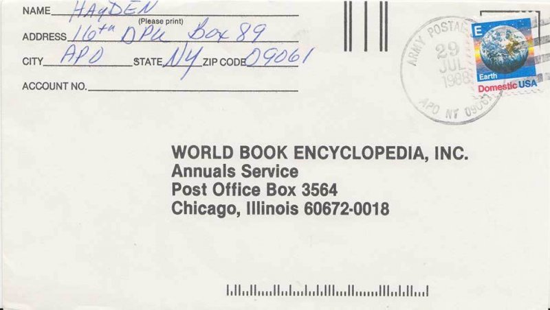 United States A.P.O.'s [25c] E Earth 1988 Army Postal Service, APO NY 09061 N...