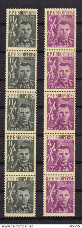 Albania 1962 Space Gagarin Purple Ovpr strips of 5 MNH Cv $300 RRR 15356