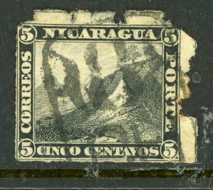 Nicaragua 1877 5¢ Black Momotombo Roulette w/Chinandega Cancel L342