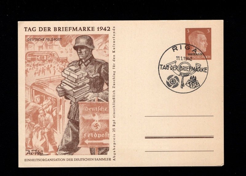 Germany Ostland Ovpt Hiler Stamp Day Feldpost 1942 Riga 1 Day Only Postal Card 2