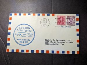 1931 USA Airmail USS Akron Zeppelin Cover Akron OH to Philadelphia PA