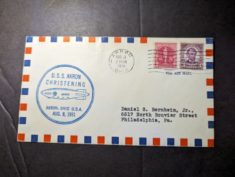 1931 USA Airmail USS Akron Zeppelin Cover Akron OH to Philadelphia PA