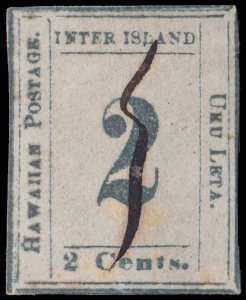 O) 1859 HAWAII, NUMERAL VALUE 2c light blue on bluish white,  SCT 13, TYPE IV, P