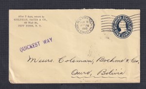 USA 1916 ‘QUICKEST WAY' 3c POSTAL STATIONERY COVER NEW YORK TO ORURO BOLIVIA