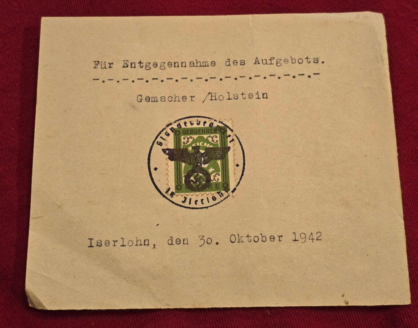 Da Stamp Third Reich Nsdap Revenue TAX Stamp Iserlohn 1942 WW2 Wwii German ...