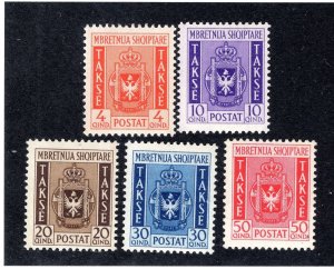 Albania Italian Occupation 1940 Set of 5 Postage Due, Scott J40-J44 MH