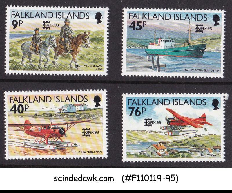 FALKLAND ISLANDS - 1996 CAPEX '96 MAIL DELIVERY AVIATION SHIP TRAIN 4V MNH