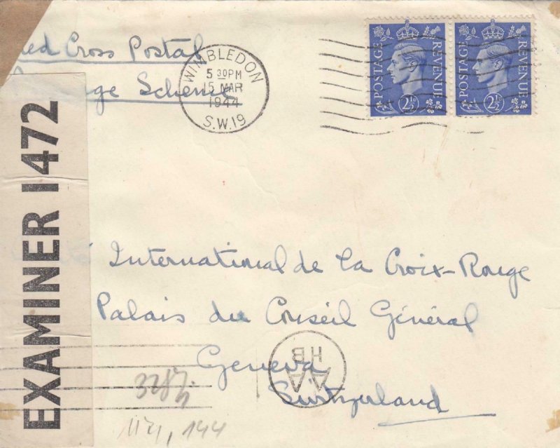 1944, Wimbledon, England to Red Cross, Geneva, Switzerland, See Remark (C3080)